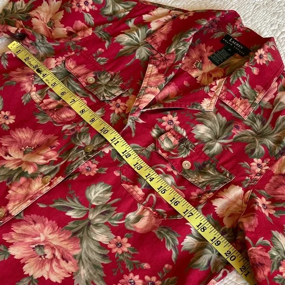 LRL Linen Floral Button Down Camp Shirt Women’s Medium Cottagecore Red Green - Picture 13 of 16